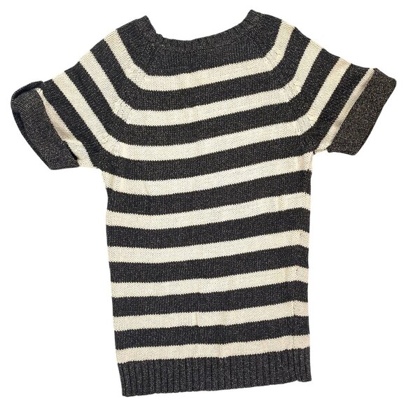 Ann Taylor XS Preppy Chic Striped Metallic Knit Shimmer Sweater Top Black Cream - Picture 9 of 10